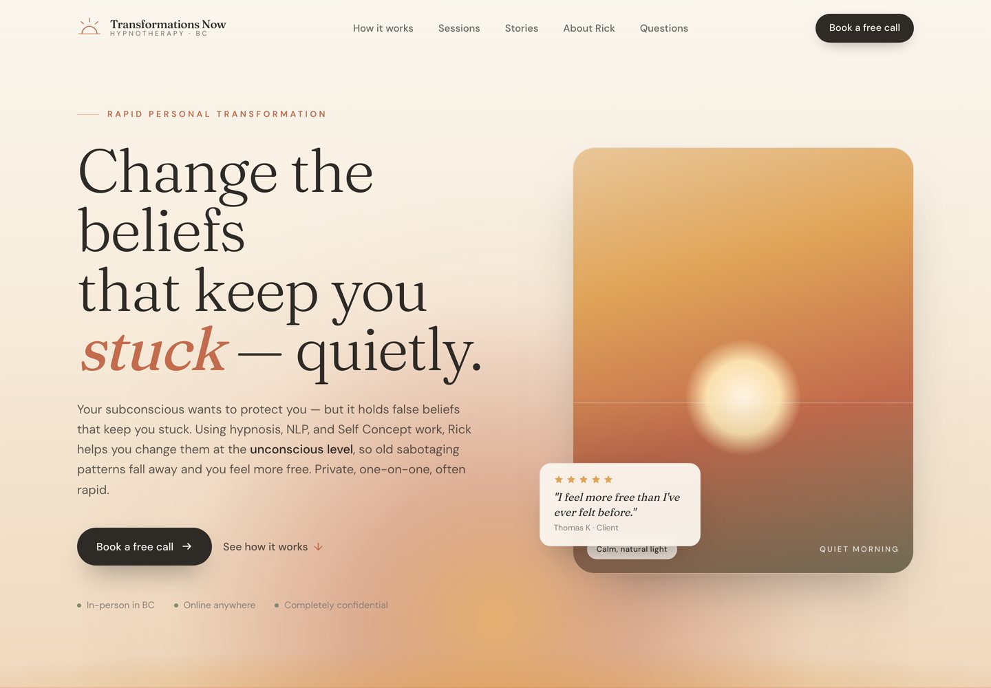 The homepage of a finished website build for a hypnotherapy practice